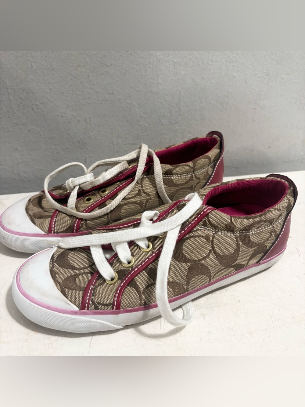 Coach Tan + Burgundy Monogram Logo Sneakers Shoes